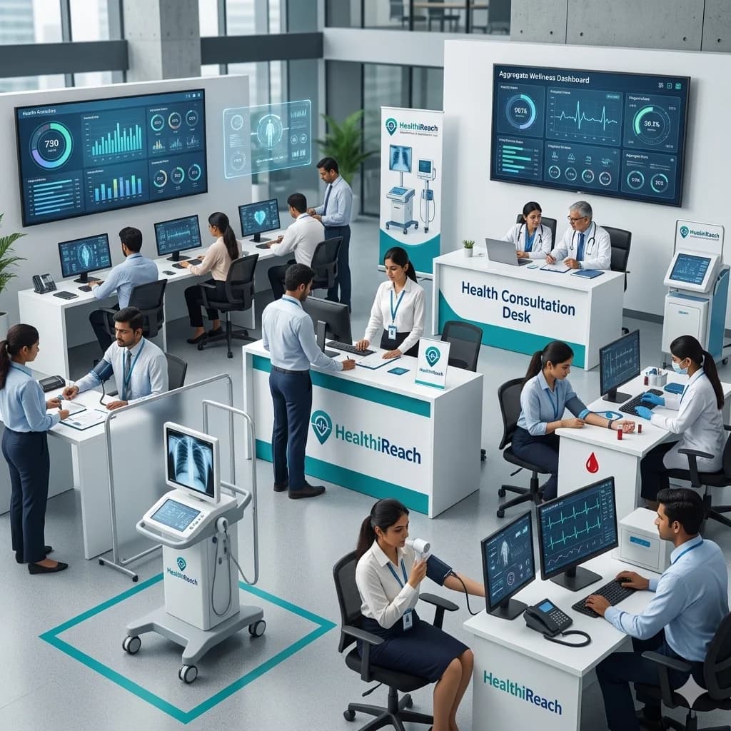 Corporate health camp in progress at a workplace